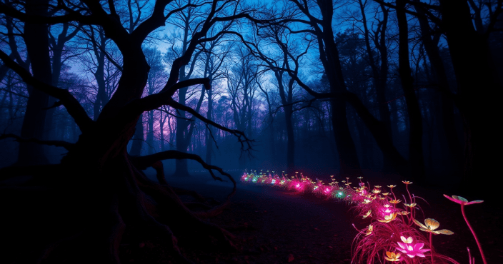 Dark forest and bright flowers